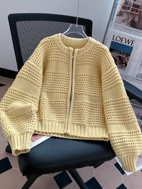 Korean style round neck retro chunky knit sweater, thick zipper cardigan for women EP01449