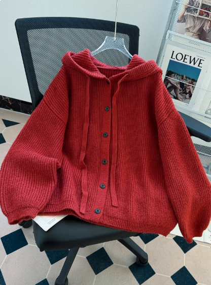 Burgundy Christmas Sweater Hooded Cardigan EP01454