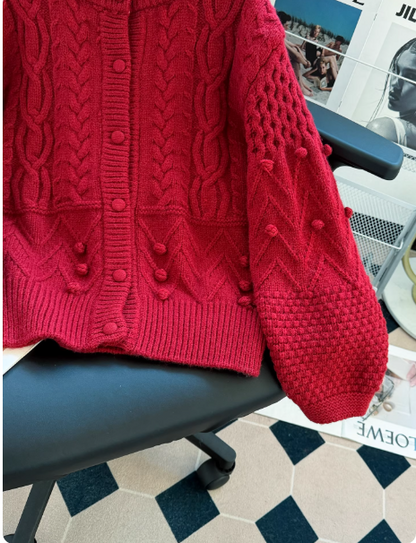 Burgundy Christmas Sweater, Retro Crew Neck Cardigan EP01455