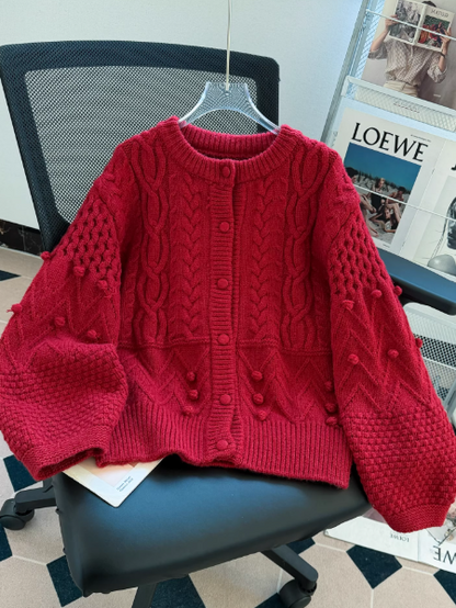 Burgundy Christmas Sweater, Retro Crew Neck Cardigan EP01455