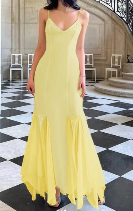V neck Mermaid Satin Long Prom Dresses, Yellow Backless Formal Evening Dresses HZ1024