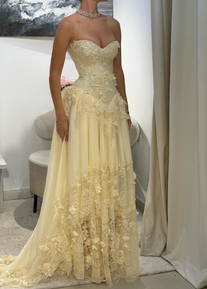 Fairy Strapless Sheath Lace Applique Long Prom Dresses, Yellow Formal Evening Dresses EP04058