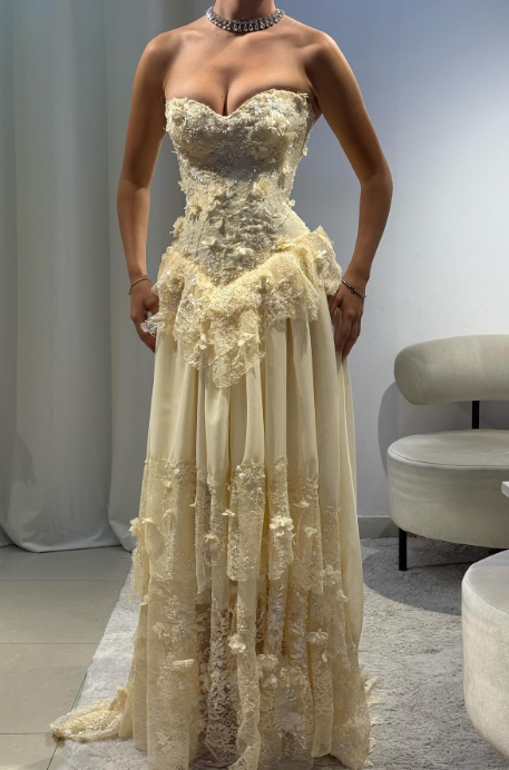 Fairy Strapless Sheath Lace Applique Long Prom Dresses, Yellow Formal Evening Dresses EP04058