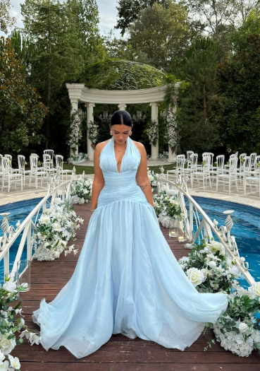 V-neck Sheath Chiffon Wedding Guest Dresses, Light Blue Formal Evening Dresses HZ1024