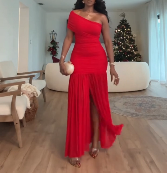 One Shoulder Sheath Chiffon Long Prom Dresses New Year's Eve Dress, Red Formal Evening Dresses HZ1024