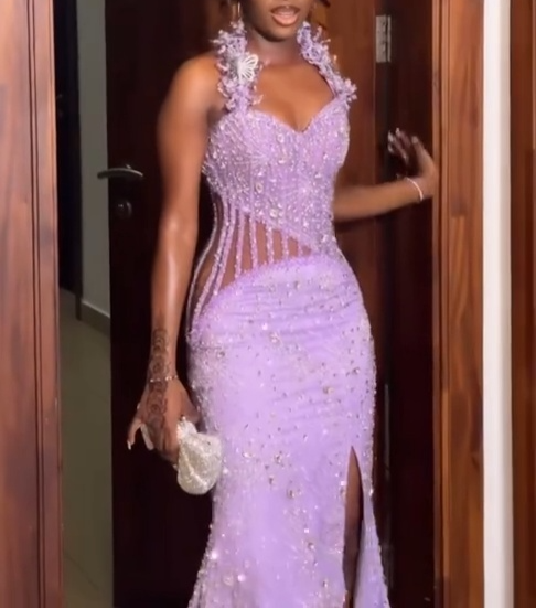 Halter Mermaid Beaded Satin Long Prom Dresses with Slits, Lilac Formal Evening Dresses HZ1024