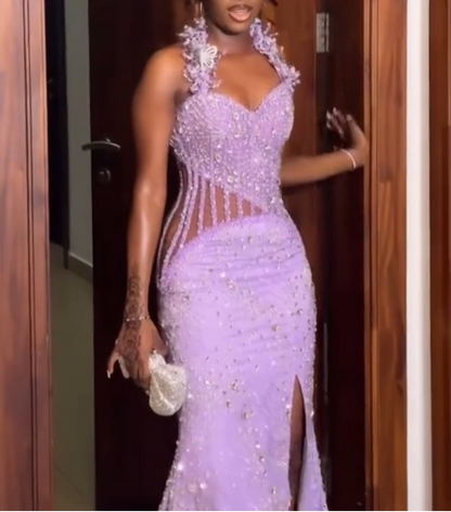 Halter Mermaid Beaded Satin Long Prom Dresses with Slits, Lilac Formal Evening Dresses HZ1024
