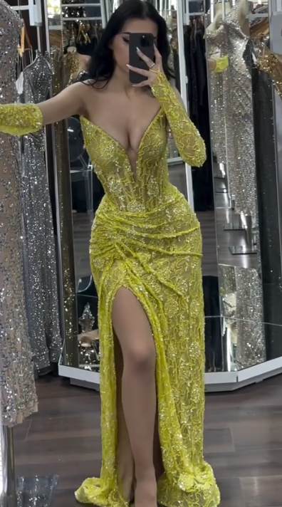 Sexy V-neck Sheath Lace Applique Long Prom Dresses, Yellow Formal Evening Dresses EP04066