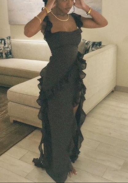 Strap Sheath Chiffon Ruffle Long Prom Dresses, Black Formal Evening Dresses HZ1024