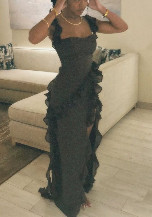 Strap Sheath Chiffon Ruffle Long Prom Dresses, Black Formal Evening Dresses HZ1024