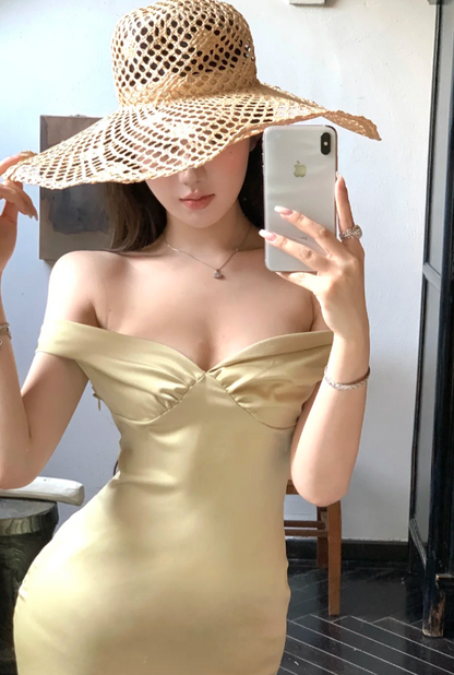 Off Shoulder Mermaid Satin Long Prom Dresses, Yellow Formal Evening Dresses HZ1024