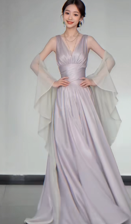 V-neck A-Line Satin Long Prom Dresses,Sleeveless Formal Evening Dresses HZ1024