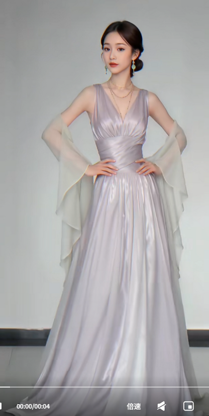 V-neck A-Line Satin Long Prom Dresses,Sleeveless Formal Evening Dresses HZ1024