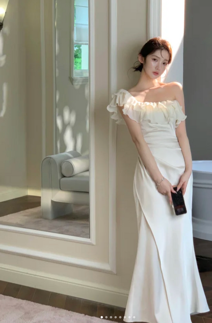 One-shoulder Mermaid Satin Long Prom Dresses, White Formal Evening Dresses HZ1024