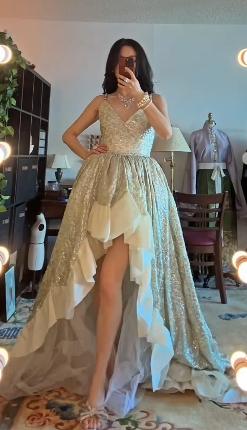 V neck Ball Gown Hi-Lo Prom Dresses, Tulle Formal Evening Dresses HZ1024