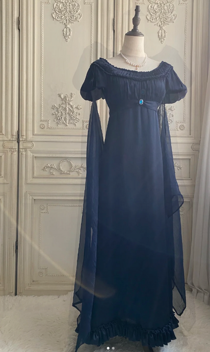 Vintage Beateau Empire Dress Chiffon Long Prom Dresses, Navy Blue Formal Evening Dresses EP04080