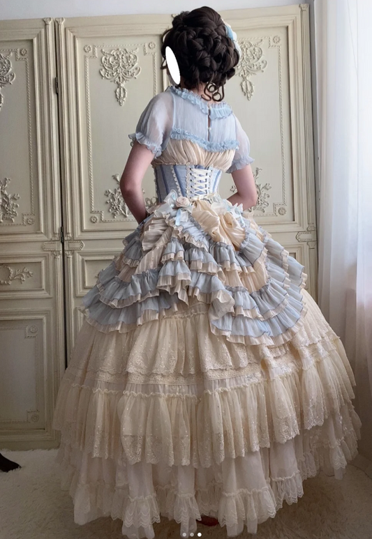 Jewel Ball Gown Lace Chiffon Short Birthday Dresses Blue Sweet Two-Piece Lolita Dresses HZ1024