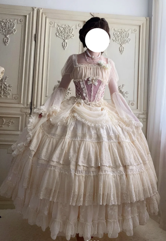 Square Neck Ball Gown Lace Chiffon Short Birthday Dresses Pink Sweet Two-Piece Lolita Dresses HZ1024