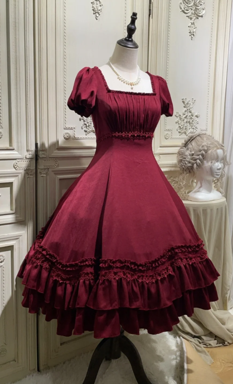 Square Neck Ball Gown Satin Ruffle Short Birthday Dresses Burgundy Lolita Dresses HZ1024
