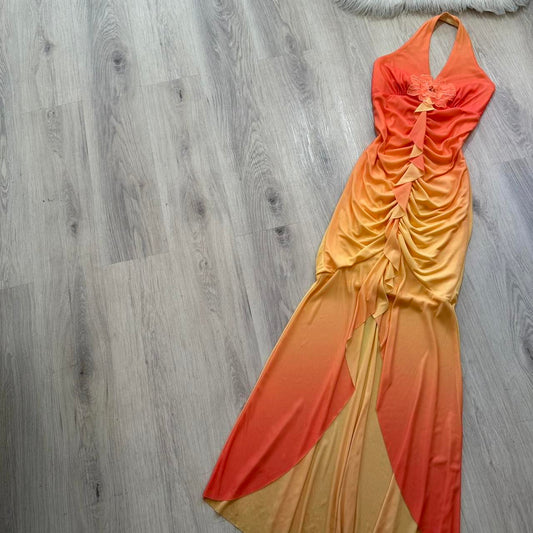 Halter Mermaid Chiffon Prom Dresses, Gradient Orange Formal Evening Dresses HZ1024