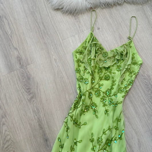 Fairy Spaghetti Strap Sheath Long Prom Dresses Vintage Chiffon Beaded Green Formal Dresses EP04753