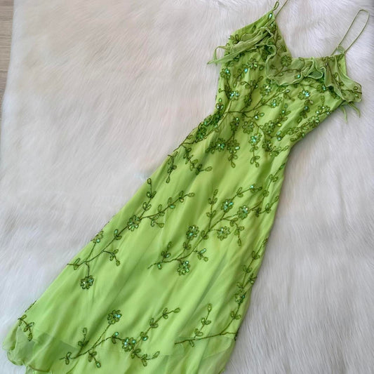 Fairy Spaghetti Strap Sheath Long Prom Dresses Vintage Chiffon Beaded Green Formal Dresses EP04753