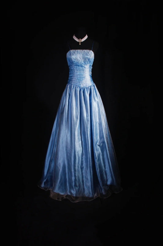 Chic Spaghetti Strap A-Line Long Prom Dresses Lace Satin Gray Blue Formal Dresses EP04771