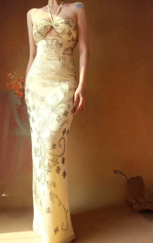 Halter Neck Sheath Long Prom Dresses Chiffon Yellow Evening Gownss Beaded Wedding Guest Dresses HZ1024