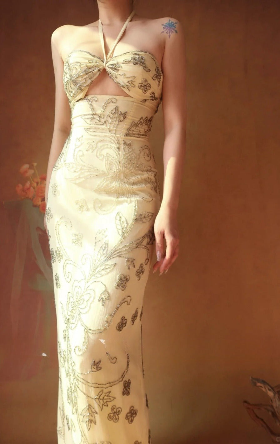Halter Neck Sheath Long Prom Dresses Chiffon Yellow Evening Gownss Beaded Wedding Guest Dresses HZ1024