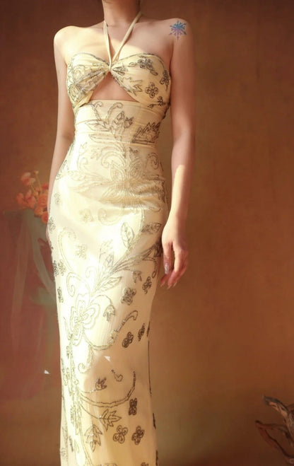 Vintage Halter Neck Sheath Long Prom Dresses Chiffon Yellow Evening Gownss Beaded Wedding Guest Dresses EP04774