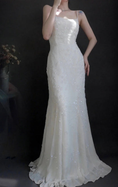 Spaghetti Strap Sheath Long Prom Dresses Chiffon Beaded White Evening Dresses HZ1024