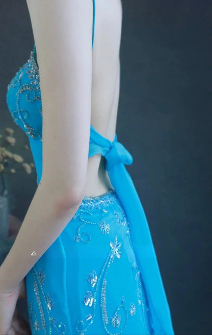Fairy Spaghetti Strap Sheath Long Prom Dresses Beaded Chiffon Blue Evening Dresses EP04778