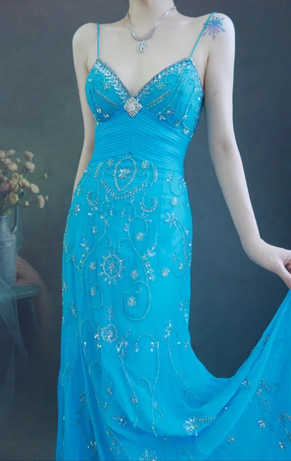 Spaghetti Strap Sheath Long Prom Dresses Beaded Chiffon Blue Evening Dresses HZ1024