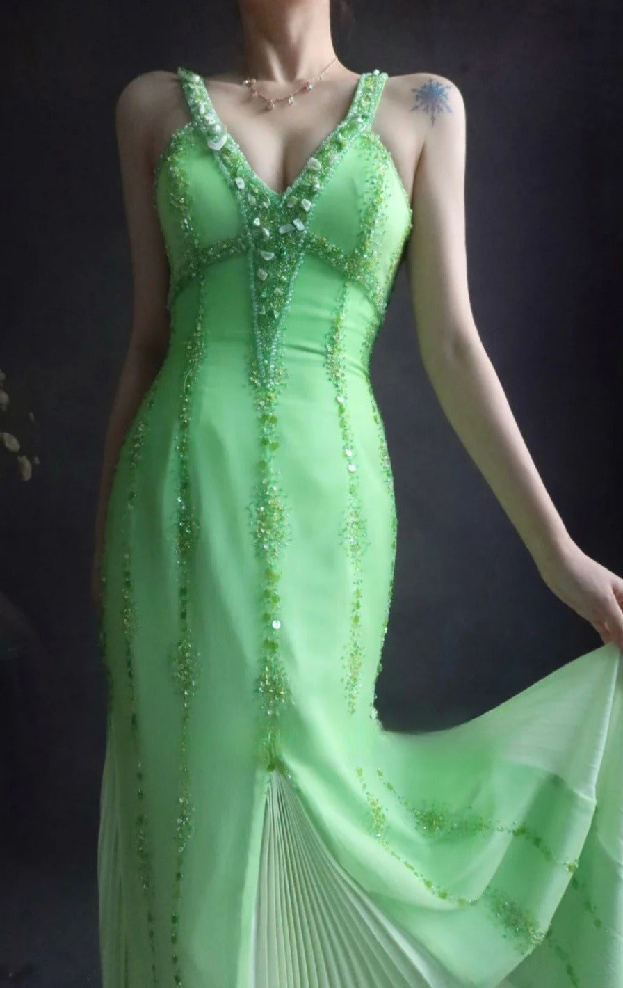 Fairy V neck Sheath Long Prom Dresses Beaded Chiffon Green Evening Dresses EP04780