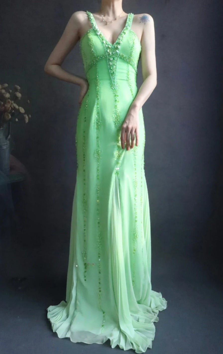 V neck Sheath Long Prom Dresses Beaded Chiffon Green Evening Dresses HZ1024