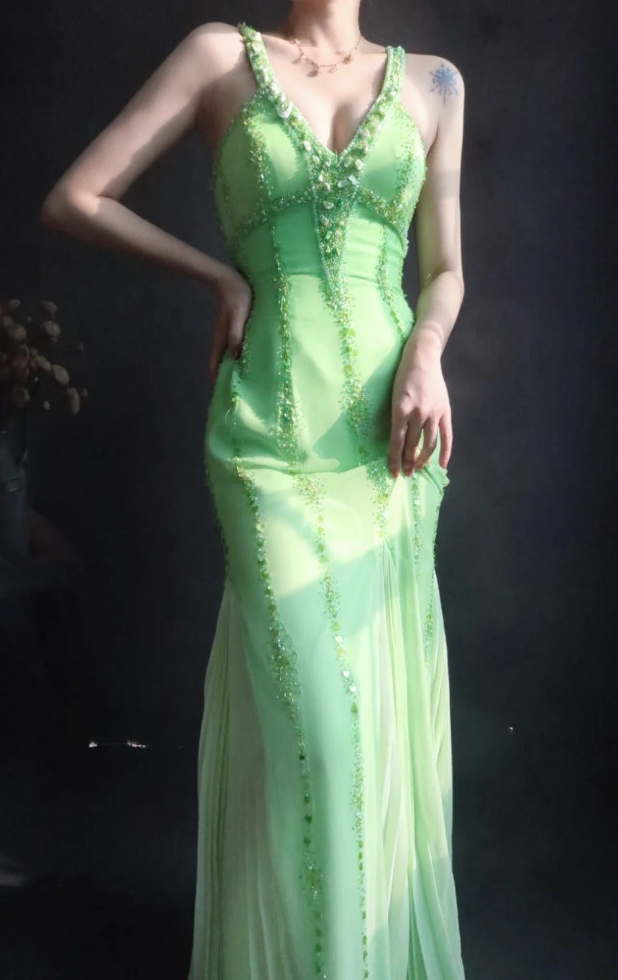 V neck Sheath Long Prom Dresses Beaded Chiffon Green Evening Dresses HZ1024