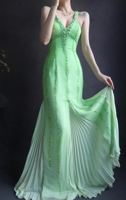 V neck Sheath Long Prom Dresses Beaded Chiffon Green Evening Dresses HZ1024