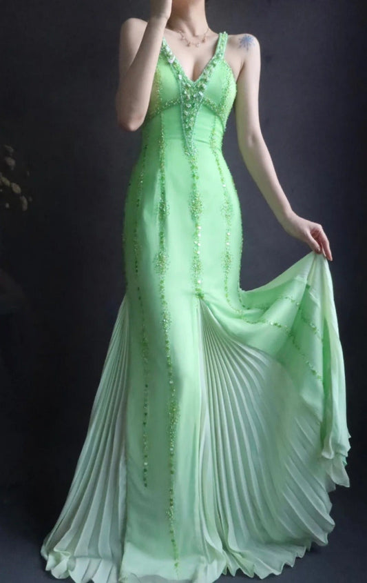 V neck Sheath Long Prom Dresses Beaded Chiffon Green Evening Dresses HZ1024