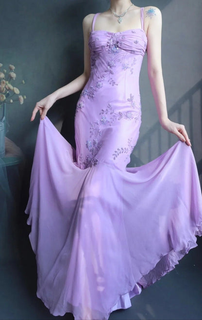Fairy Spaghetti Strap Mermaid Long Prom Dresses Beaded Chiffon Lavender Long Evening Dresses EP04781