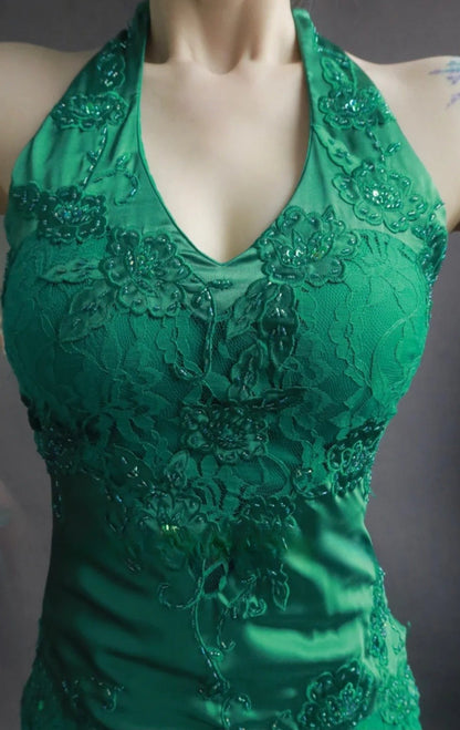 Gorgeous Spaghetti Strap Mermaid Long Prom Dresses Lace Applique Green Evening Dresses with Open Back EP04782