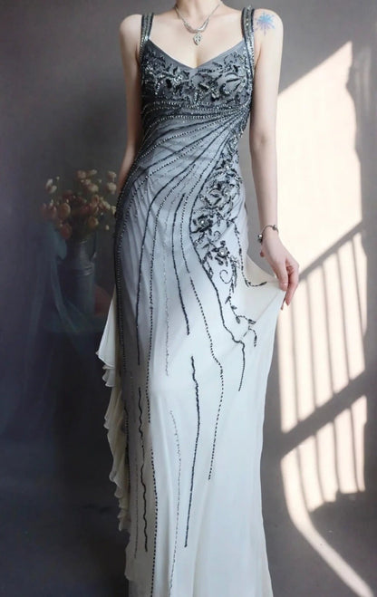 V Neck Sheath Long Prom Dresses Beaded Chiffon Evening Dresses HZ1024