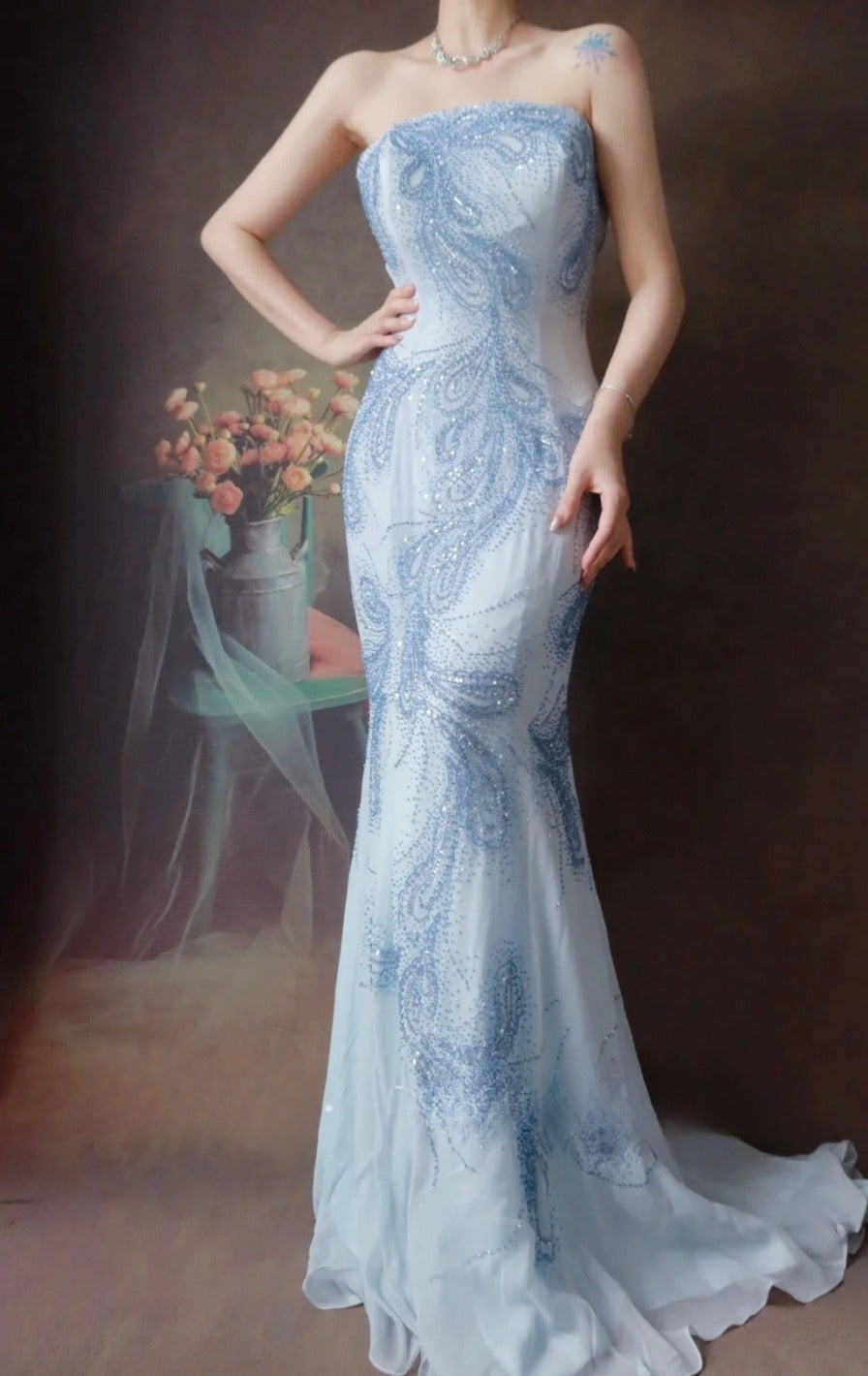 Strapless Mermaid Long Prom Dresses Beaded Chiffon Light Gray Blue Evening Dresses HZ1024