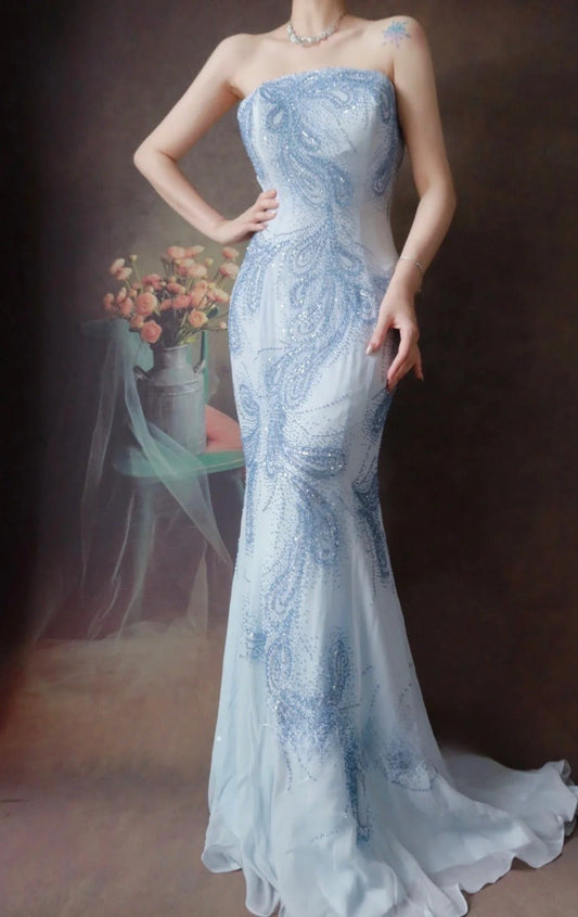 Vintage Strapless Mermaid Long Prom Dresses Beaded Chiffon Light Gray Blue Evening Dresses EP04785