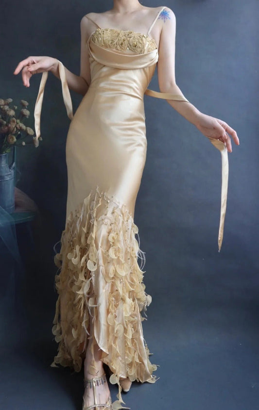 Chic Spaghetti Strap Bodycon Long Prom Dresses Taffeta Gold Evening Dresses EP04787
