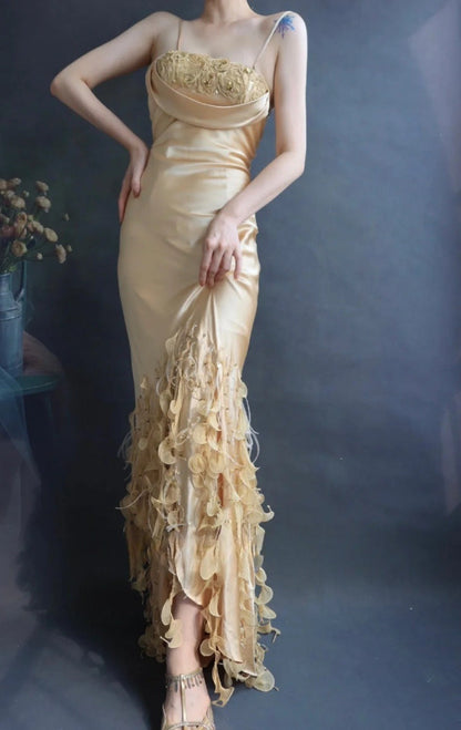 Chic Spaghetti Strap Bodycon Long Prom Dresses Taffeta Gold Evening Dresses EP04787