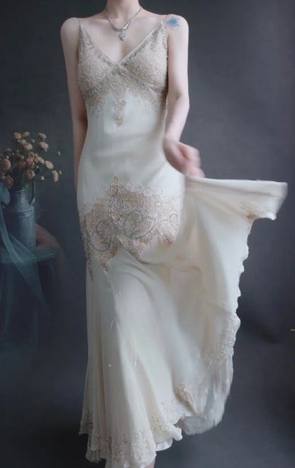 V-neck Mermaid Long Prom Dresses Beaded Chiffon Evening Dresses HZ1024