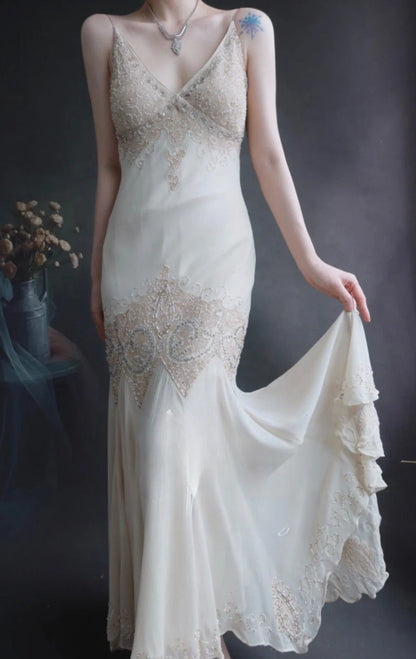 V-neck Mermaid Long Prom Dresses Beaded Chiffon Evening Dresses HZ1024