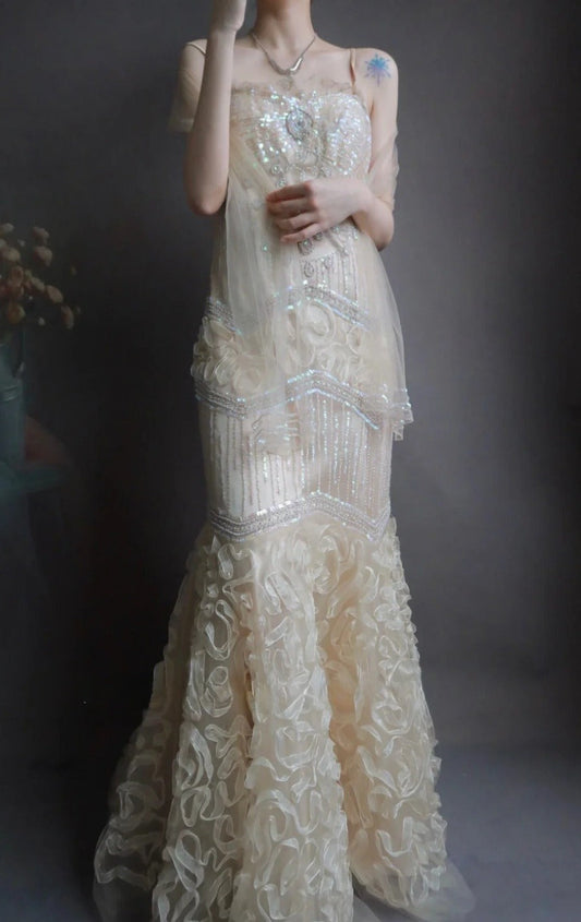 Spaghetti Strap Mermaid Long Prom Dresses Beaded Tulle Sequin Evening Dresses HZ1024