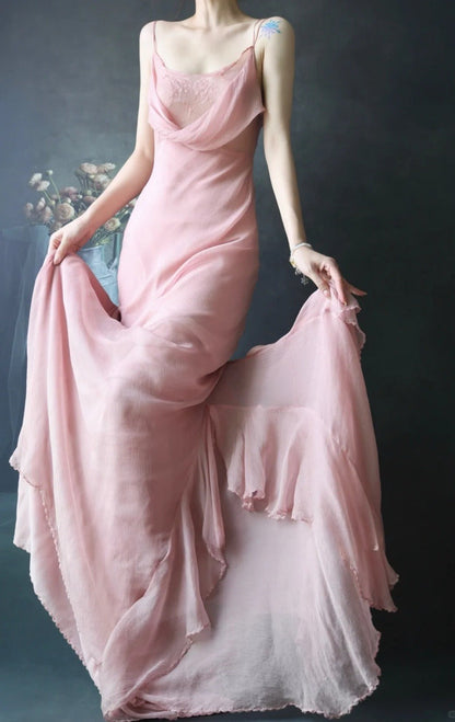 Spaghetti Strap Sheath Long Prom Dresses Chiffon Dusty Pink Evening Dresses HZ1024