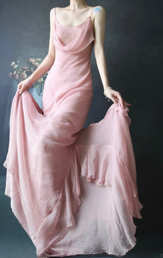 Chic Spaghetti Strap Sheath Long Prom Dresses Chiffon Dusty Pink Evening Dresses EP04792